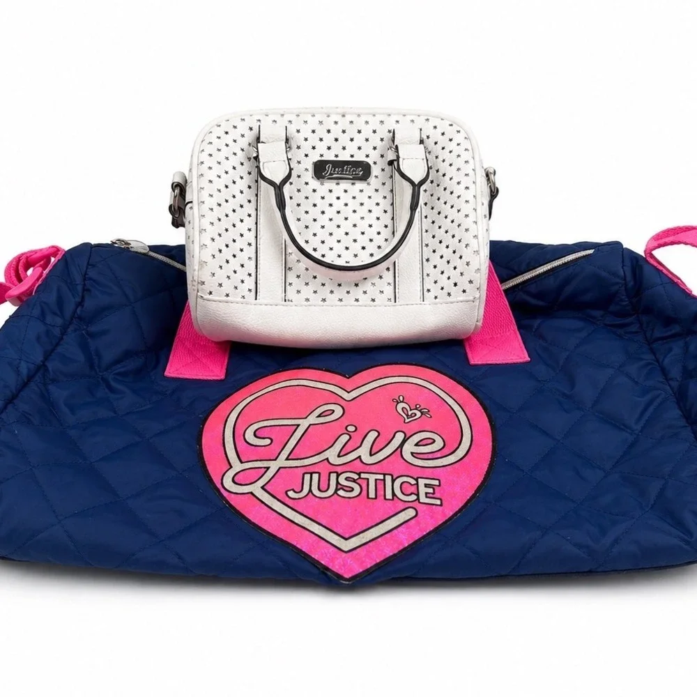 Justice White Star Crossbody Purse and Blue Pink Duffle Travel Bag Girls